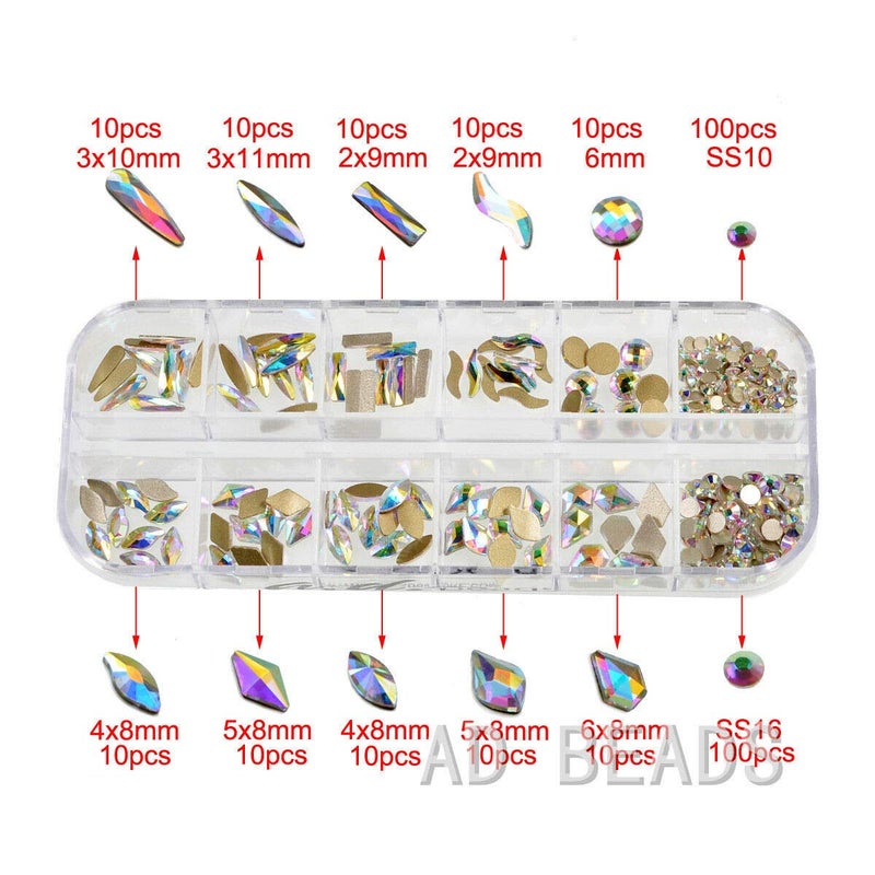 AD Beads 300 Pieces Flat Back Gems 11 shapes Crystal Rhinestones 12 Sizes Rhinestones for Crafts Nail Face Art Clothes Shoes Bags DIY( Clear AB) - Image 5